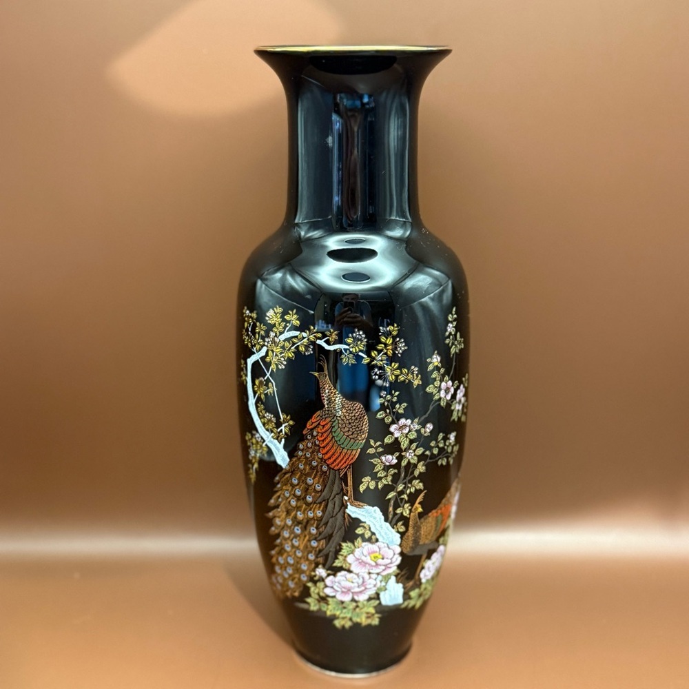 Japanese Peacock Vase Cherry Blossoms Ceramic Black Gold Accents Vase 11” Tall